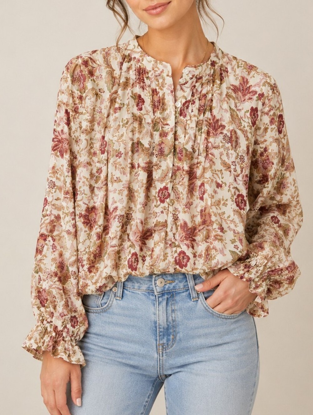 Fate by LFD Boho Floral Pintuck Blouse Women Small Cottagecore Earth Tone Top